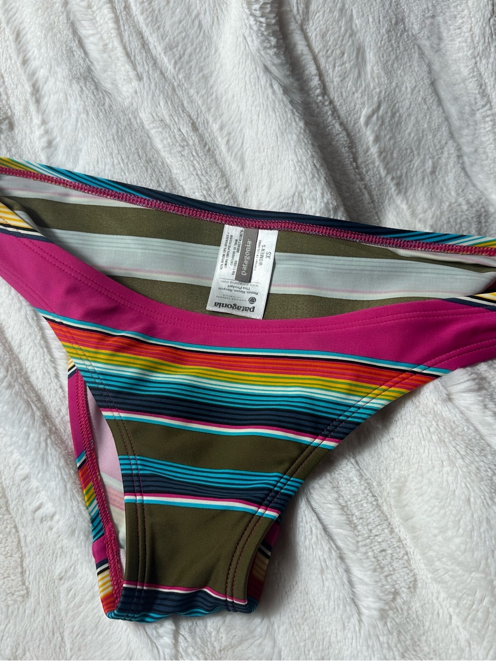 Patagonia Striped Bikini Bottom in Pink and Olive with Multicolor Bands